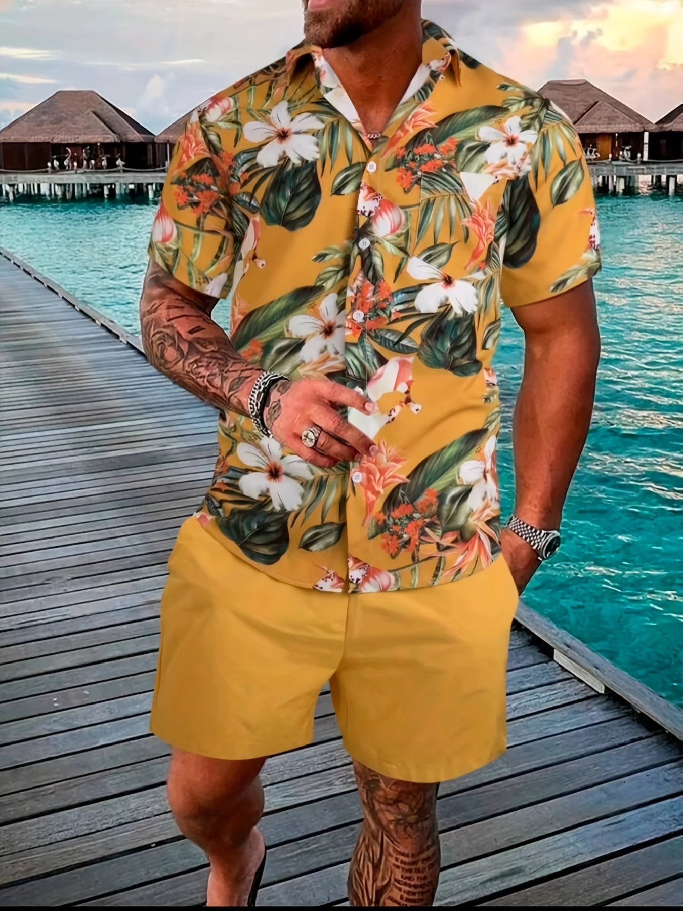 Men's Two-piece Beach-Style Button Up Short-Sleeved Shirt and Shorts