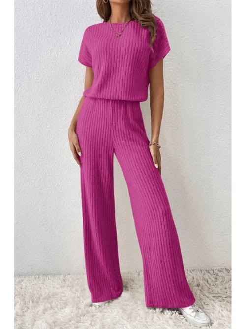 Simple Style Rib Knit Long Pants Suit Women Casual Short Sleeve