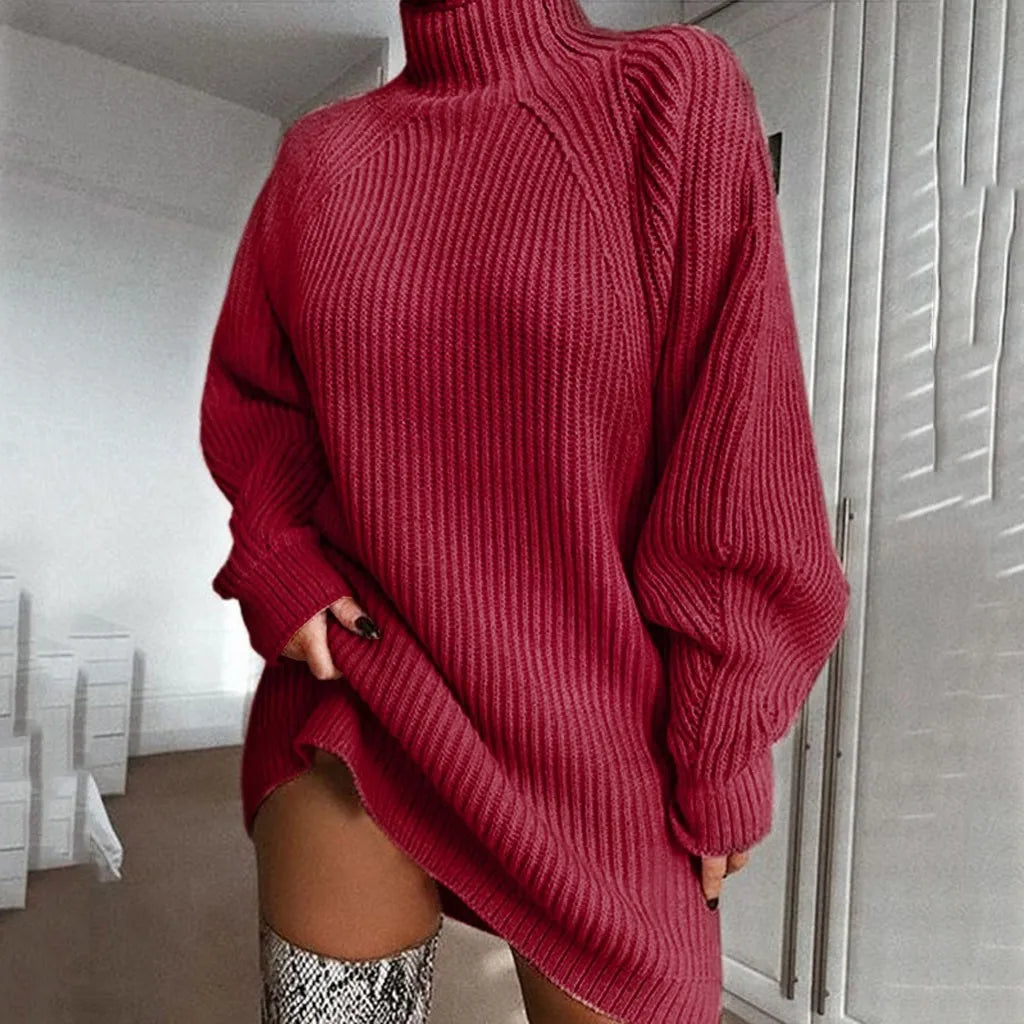 Women's Autumn Winter Fashion High Neck Knitted Sweater Dress Female