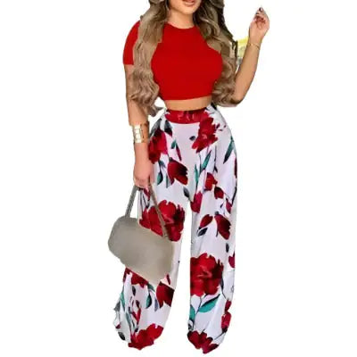 Two Piece Set- Elegant Print Short Sleeve Shirt Pullover + Wide Leg Pants Suits