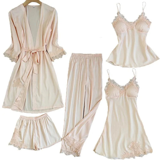 Satin Lace 5 Pieces Pajamas Set