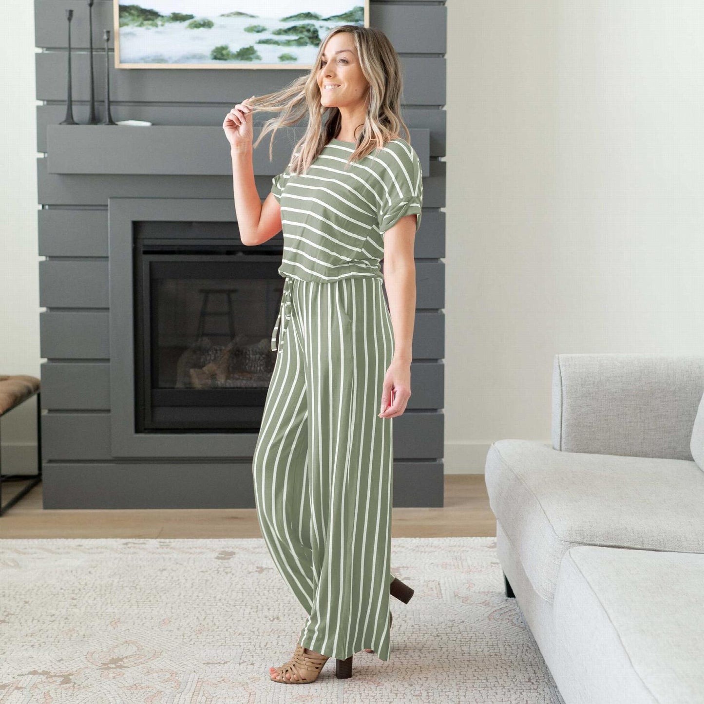 Stripe Jumpsuit Elastic Waist Back Keyhole