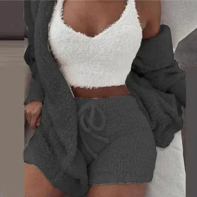 Fluffy Pajamas Women Casual Sleepwear 3 Piece