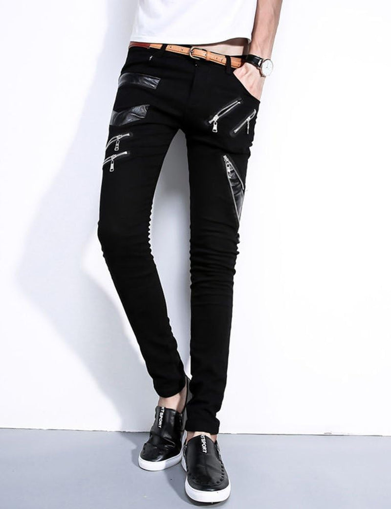 Rock Punk Men'S Patch PU Leather Hip Hop Skinny Biker Pants