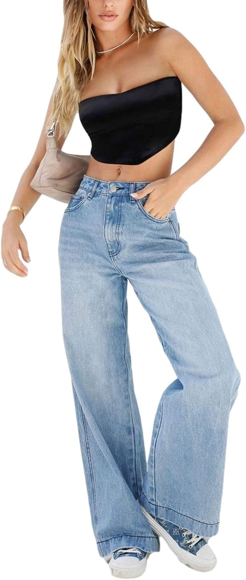 Women's Denim High Waist Straight Leg Baggy Pants 