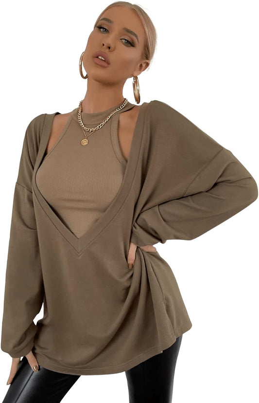 Women'S Sweatshirt Deep V Neck Drop Shoulder Oversized Pullover Top Mocha Brown S