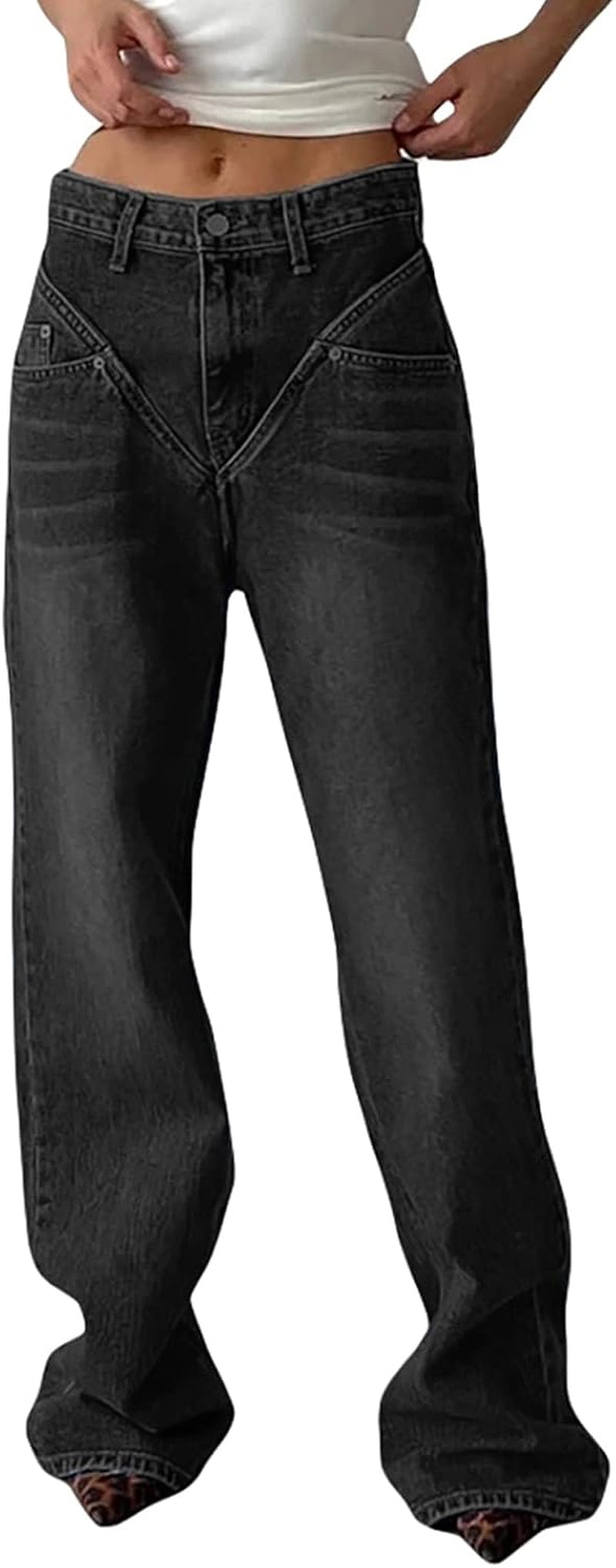 Women's Denim High Waist Straight Leg Baggy Pants 