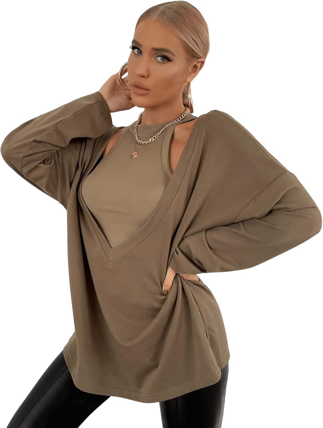 Women'S Sweatshirt Deep V Neck Drop Shoulder Oversized Pullover Top Mocha Brown S