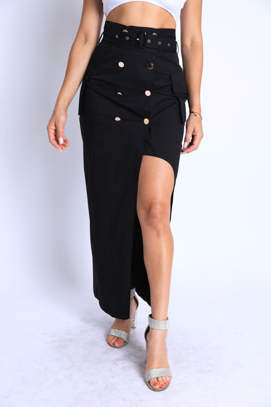 Asymmetric Self Belted Pockets Detailed Maxi Skirt Formal Casual