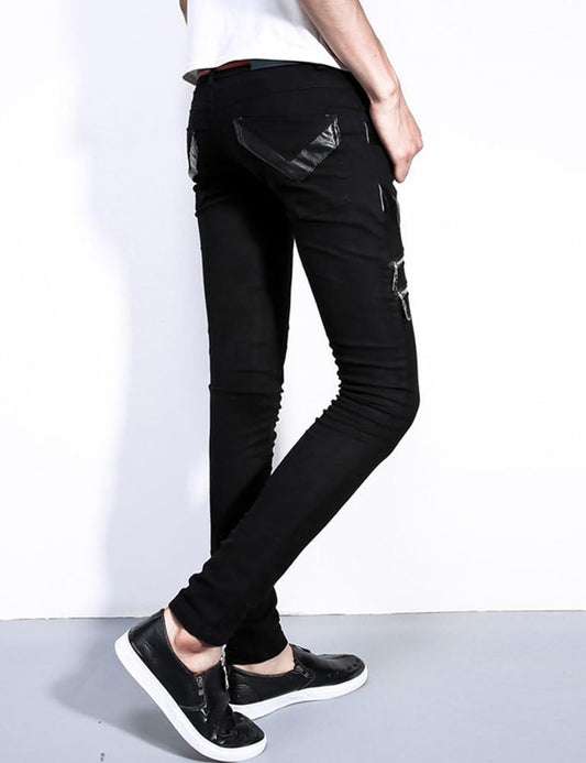 Rock Punk Men'S Patch PU Leather Hip Hop Skinny Biker Pants