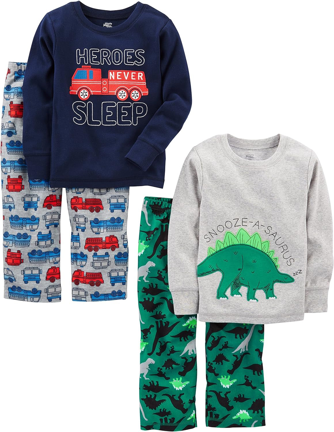 Boys and Toddlers' 4-Piece Pajama Set (Cotton Top & Fleece Bottom)