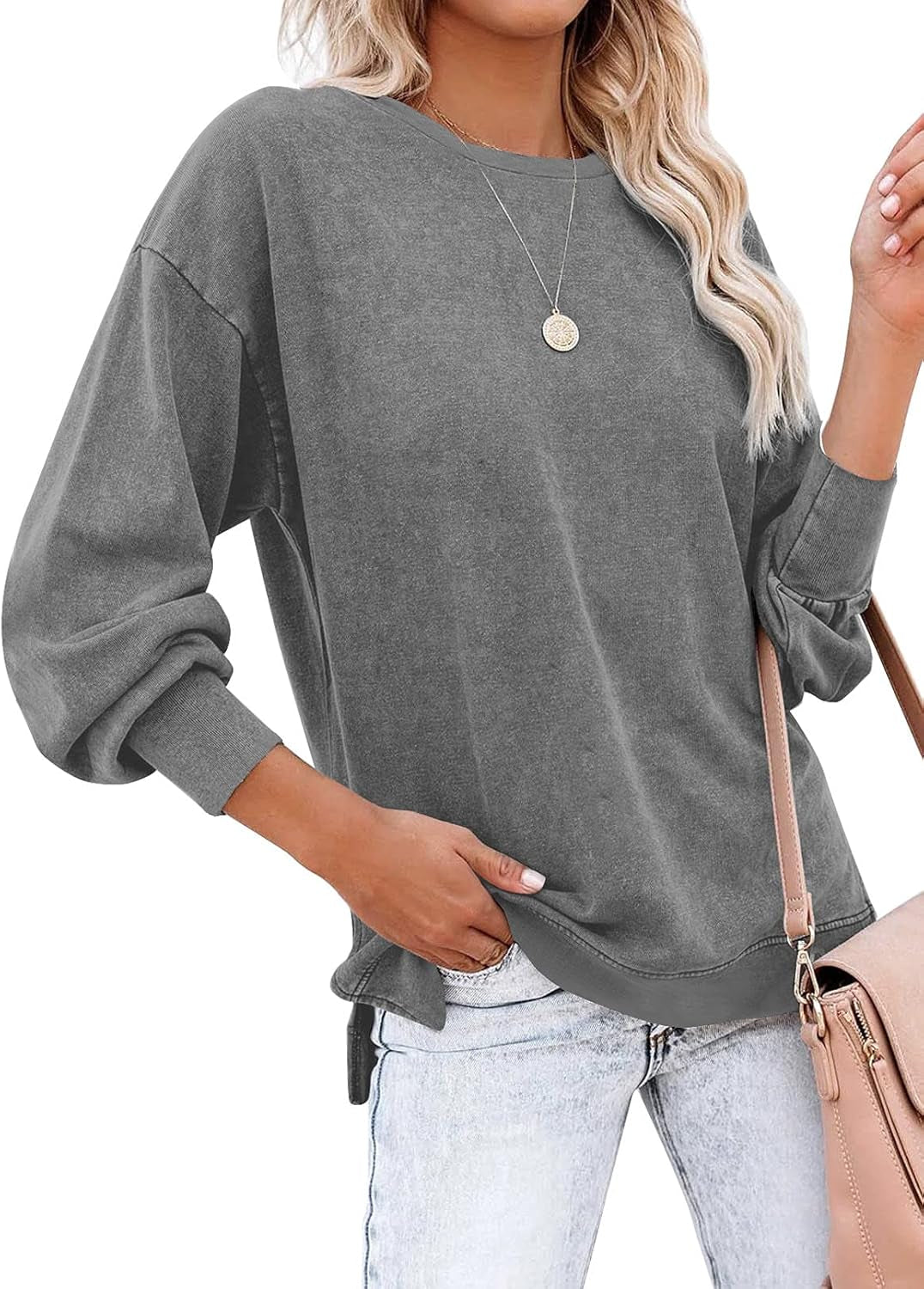 Womens Casual Long Sleeve Crewneck Sweatshirt Solid Color Patchwork Loose Pullover Relaxed Fit Tops Side Split 2024 Fall Fashion Gray Medium