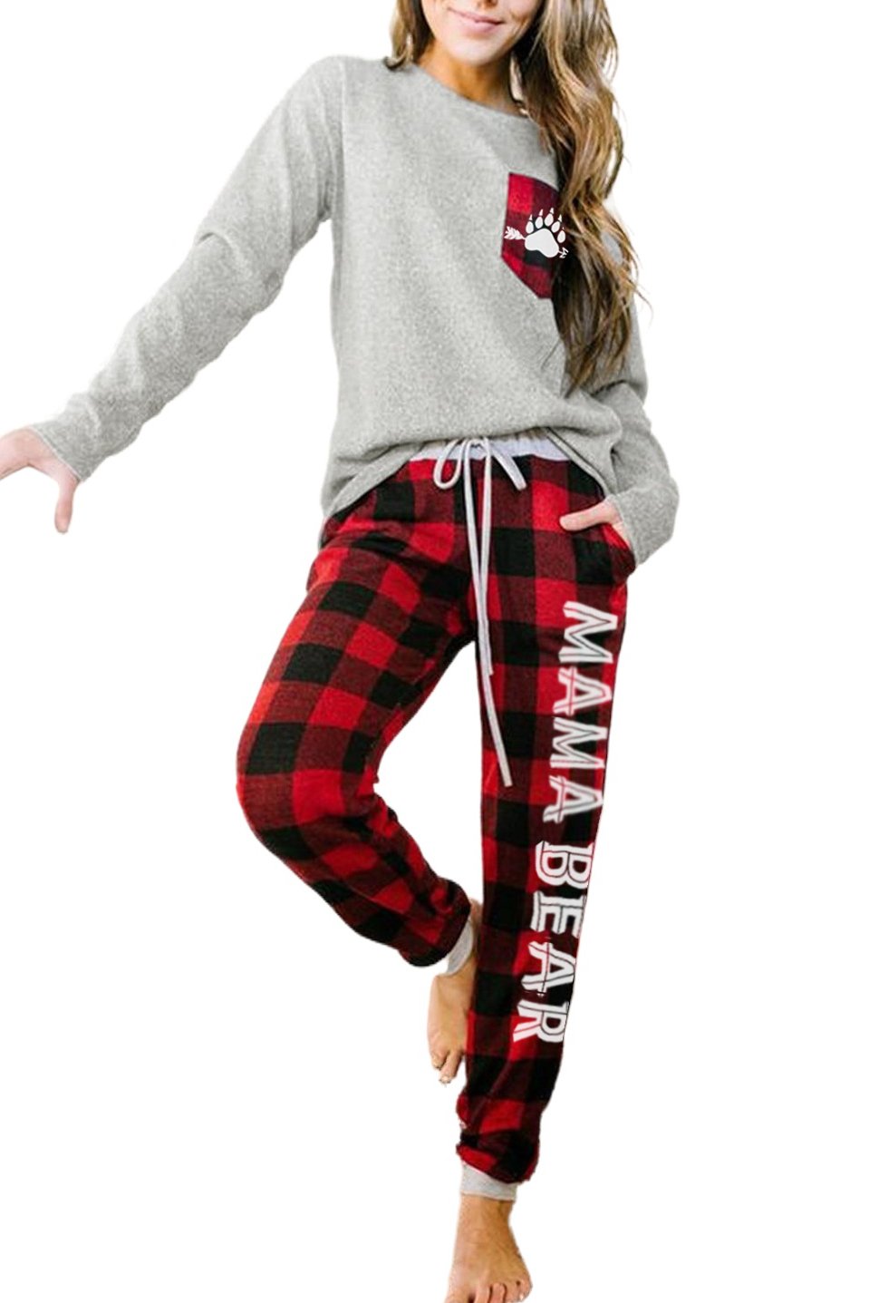 Letter Print Pocket Plaid Pajama Set