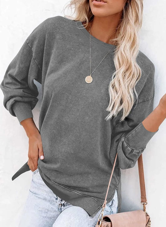 Womens Casual Long Sleeve Crewneck Sweatshirt Solid Color Patchwork Loose Pullover Relaxed Fit Tops Side Split 2024 Fall Fashion Gray Medium