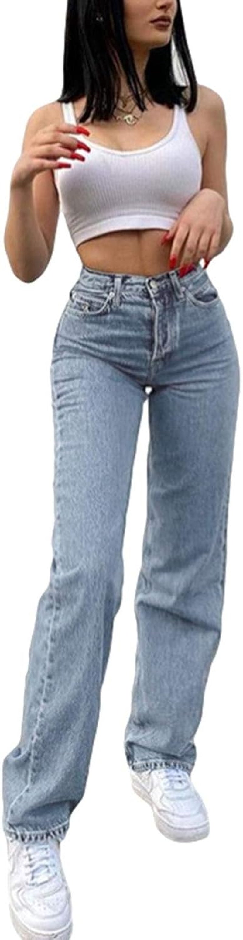 Women's Denim High Waist Straight Leg Baggy Pants 