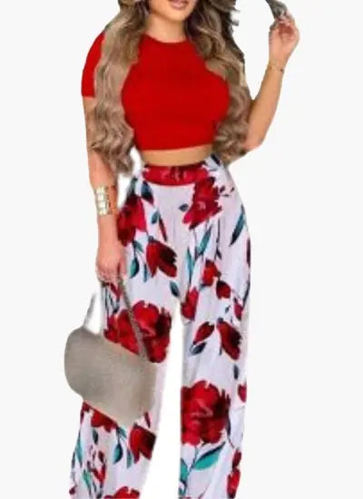 Two Piece Set- Elegant Print Short Sleeve Shirt Pullover + Wide Leg Pants Suits