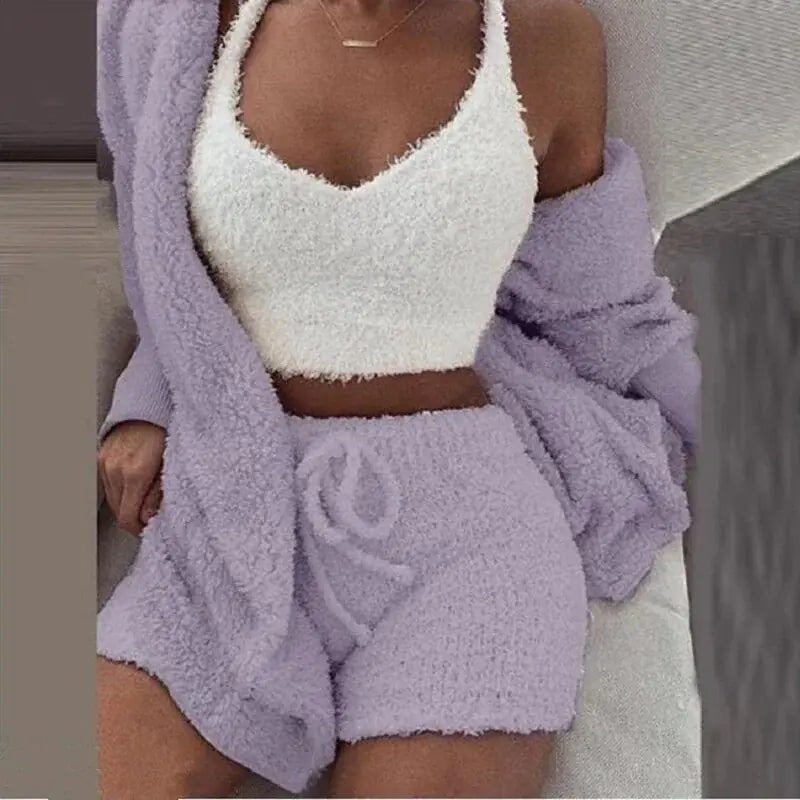 Fluffy Pajamas Women Casual Sleepwear 3 Piece